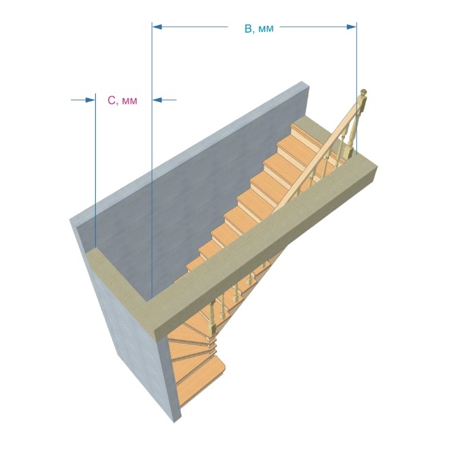 №2.1.2.1. Лестница с поворотом на 90 градусов, с забежными и прямыми ступенями