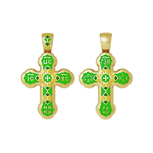 Крест "Спаси и сохрани" № 19.009 зеленая эмаль, серебро 925° с позолотой