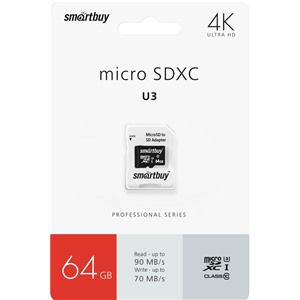 Карта памяти MicroSDXC 64 Gb SmartBuy class10 PRO90/70Mb/s UHS-I (U3)  SB64GBSDCL10U3-01